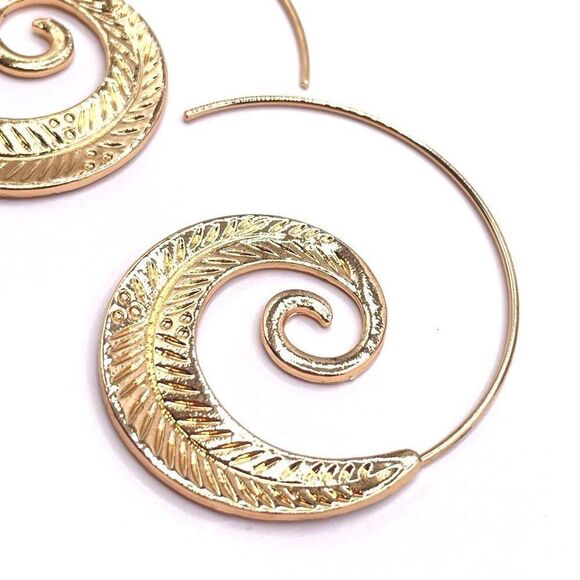 Yellow Gold Tribal Boho Mandala Spiral Swirl Hook Earrings - Picture 3 of 5